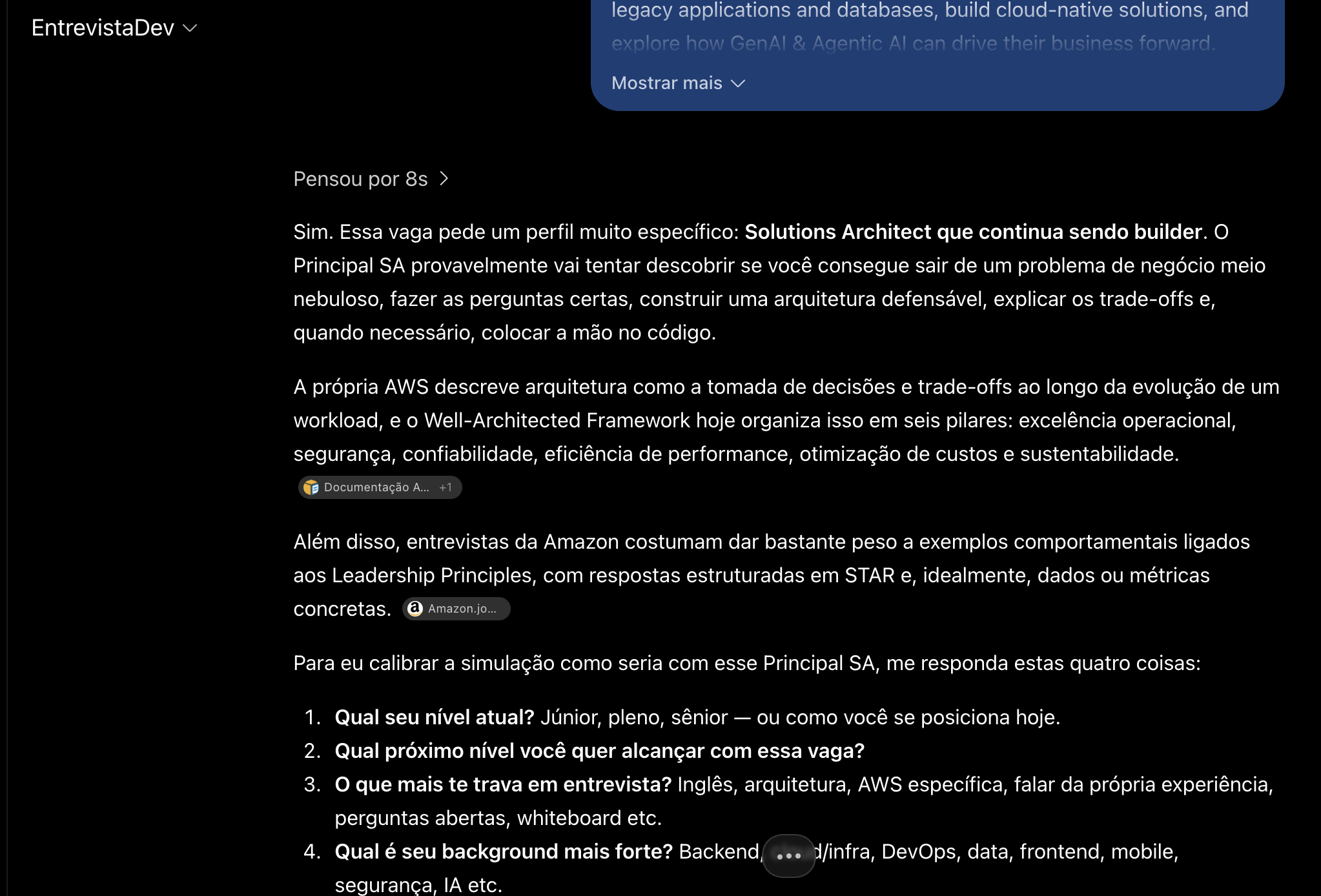 EntrevistaDev analisando o perfil da vaga e calibrando a simulação